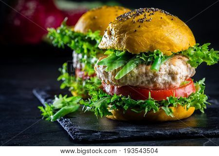 Colored Yellow Burgers. Chicken Burgers Hamburgers With Turmeric Bread