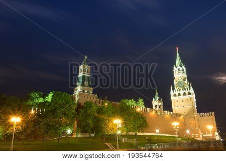 RUSSIA MOSCOW MAY 27 2017: The Kremlin Palace wall at the twightlight time. The great wall have red brick. destination for many people.