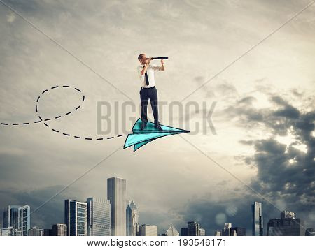 Businessman looks through binoculars from above a paper plane. 3D Rendering
