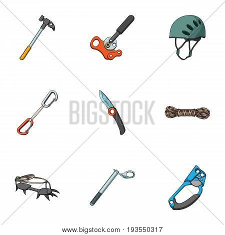 Ice ax, conquered top, mountains in the clouds and other equipment for mountaineering.Mountaineering set collection icons in cartoon style vector symbol stock illustration .