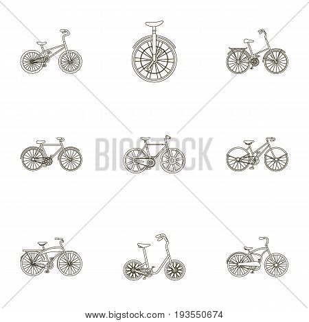 Collection of bikes with different wheels and frames. Different bikes for sport and walks.Different bicycle icon in set collection on outline style vector symbol stock web illustration.