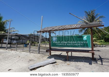 Labuan,Malaysia-May 1,2017:Turtle hatchery located at Rusukan Besar island,Labuan,Malaysia.The Island became the most strategic landing place for two species,hawksbill turtle (Eretmochelys Imbricata) & green turtle (Chelonia Mydas)