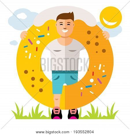 Man with a big sweet bagel. Isolated on a white background