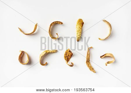 Top view of dry herb on white background desk for mockup collection of diverse angle.