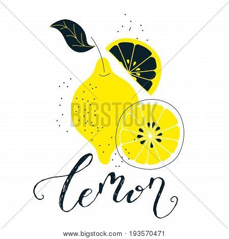 Hand drawn lemon illustration with lettering. Fresh natural fruit background. Vector banner, paster, package design. Natural food market concept. Organic design