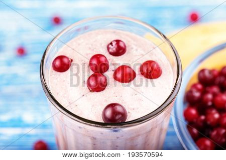 healthy nutritious breakfast with milk cottage cheese and cranberry - Cranberry smoothie in a glass