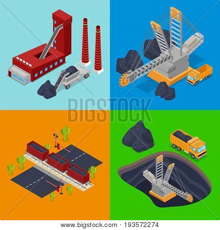 Isometric Coal Industry with Plant, Miner and Trucks. Vector flat 3d illustration