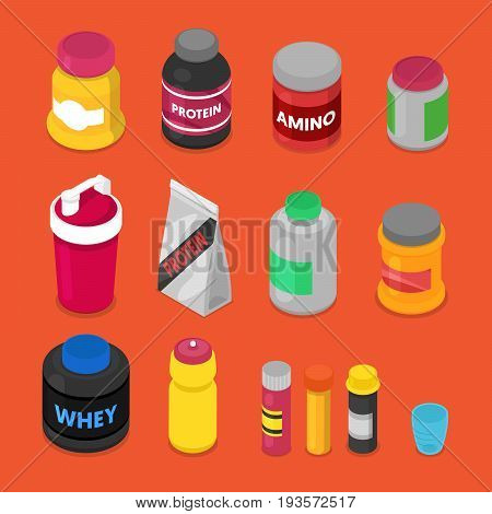 Isometric Sports Nutririon Elements with Supplements, Protein Bottle, Pills, Vitamins, Whey. Vector flat 3d illustration