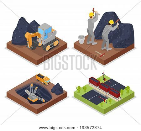 Isometric Coal Industry withPeople Working in Mine and Excavator. Vector flat 3d illustration