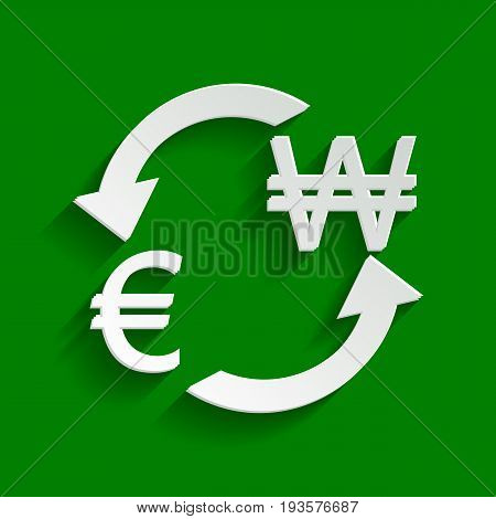 Currency exchange sign. Euro and South Korea Won. Vector. Paper whitish icon with soft shadow on green background.