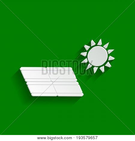 Solar energy panel. Eco trend concept sign. Vector. Paper whitish icon with soft shadow on green background.