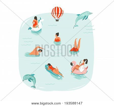 Hand drawn vector abstract summer time fun illustration with swimming happy people with jumping dolphins, hot air balloon, unicorn and pink flamingo buoys floats on blue water background isolated.