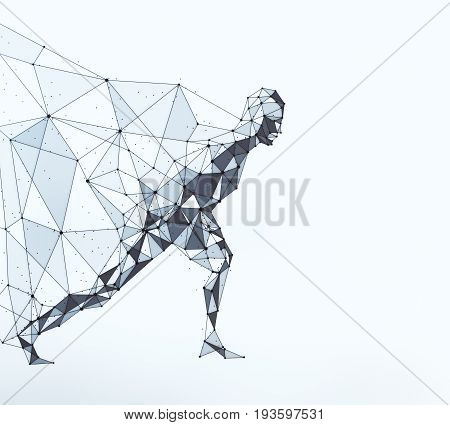 Side view of running polygonal hero with cape on light background. 3D Rendering