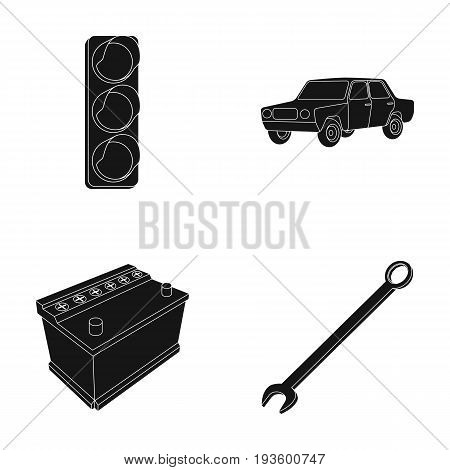 Traffic light, old car, battery, wrench, Car set collection icons in black style vector symbol stock illustration .