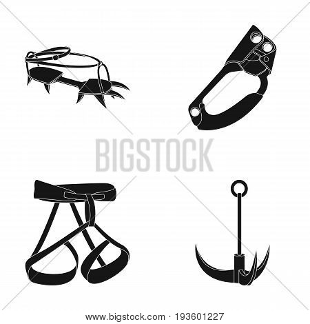 Hook, mountaineer harness, insurance and other equipment.Mountaineering set collection icons in black style vector symbol stock illustration .