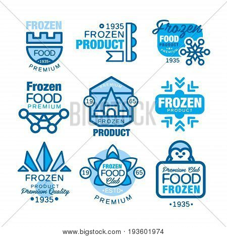 Frozen food product set of logo templates hand drawn vector Illustrations in blue colors isolated on a white background
