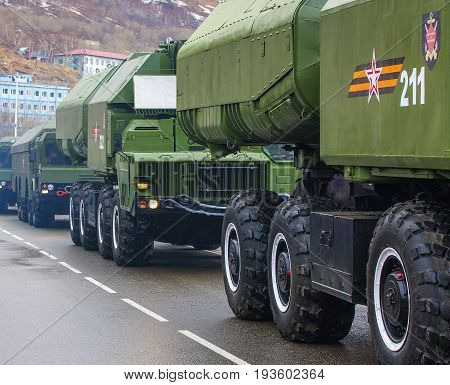 Kamchatka Russia - MAY 9: The parade dedicated to Victory Day in World War II District Military Band on May 9 2017 Petropavlovsk-Kamchatsky Russia. The 9K720 Iskander (NATO reporting name SS-26 Stone) is a mobile short-range ballistic missile system