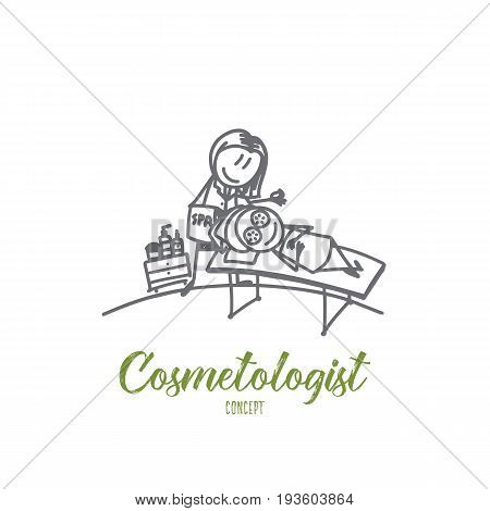 Cosmetologist concept. Hand drawn skillful cosmetologist makes the procedure of skin on female. Cosmetologist and patient isolated vector illustration.