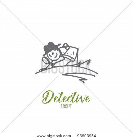 Detective concept. Hand drawn detective with magnifier lens doing criminal investigation. Man with lens looking for evidence isolated vector illustration.