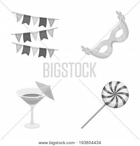 Garlands, cocktail and other accessories at the party.Party and partits set collection icons in monochrome style vector symbol stock illustration .