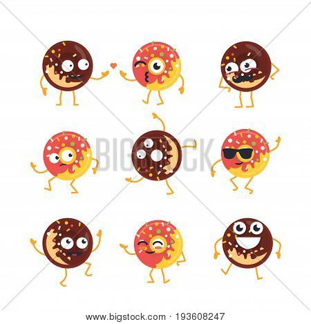 Donuts Cartoon Character - modern vector template set of mascot illustrations. Gift images of donuts dancing, smiling, having a good time. Emoticons, friendship, coolness, surprise, emotions