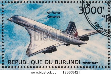 Moscow Russia - July 02 2017: A stamp printed in Burundi shows supersonic passenger airliner Concorde Air France series 
