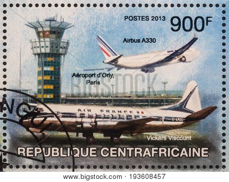 Moscow Russia - July 02 2017: A stamp printed in Central African Republic shows Airbus A330 in Orly airport Paris series circa 2013
