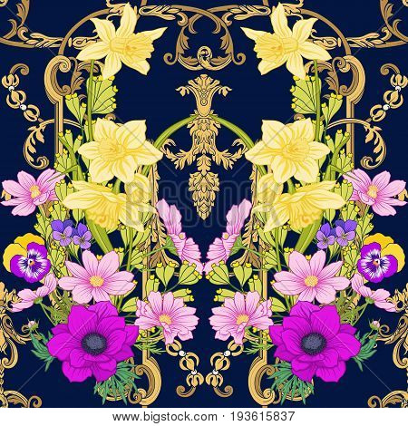 Seamless pattern with poppy flowers, daffodils, anemones, violets in botanical vintage style with rococo decor on black background . Stock line vector illustration.
