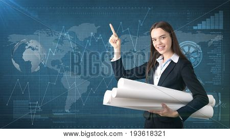 Building, Developing, Consrtuction And Architecture Concept - Smiling Woman In Suit With Blueprint A