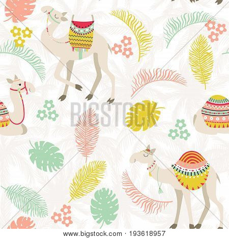 Seamless background with camels with ethnic saddles, palm trees, leaves and branches. Vector illustration.
