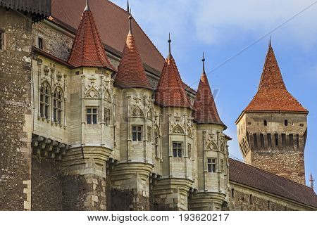 Corvin Castle, Romania, a Gothic-Renaissance castle in Hunedoara, Transylvania, summertime towers