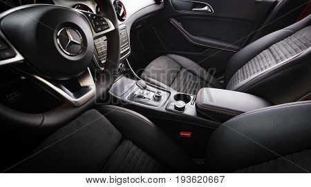 Sankt-Petersburg, Russia October 22, 2016 : Dashboard and steering wheel of Mercedes-Benz CLA 45 2016 AMG interior, test drive on October 22 2016 in Russia.