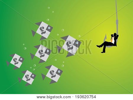 An Illustration of businessman sitting on fish hook as a bait