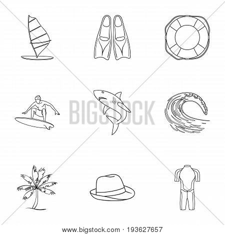 A collection of pictures on the theme of the beach, the sea, surfing. Rescuers of the beach.Surfing icon in set collection on outline style vector symbol stock web illustration.