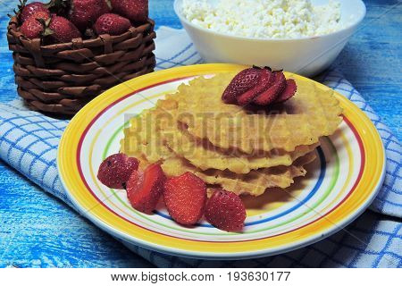 Waffles And Fruit, Strawberries And Cherries