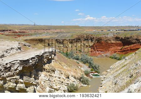 CODY, WYOMING - JUNE 24, 2017: Colters Hell. The area of thermal activity, is named for John Colter the mountain man and explorer possibly the first white-man to have traveled this area.