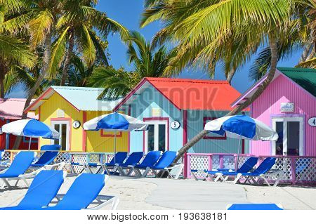 Colorful bungalows on the Eleuthera island beach Bahamas