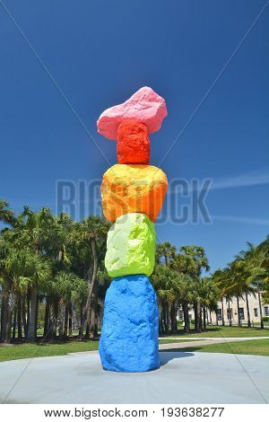MIAMI BEACH USA - APRIL 1 2017 : Miami Mountain the artwork installed in Collins Park in South Beach by The Bass museum. Ugo Rondinone is the designer