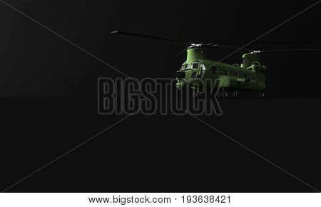 3D RENDERING OF TRANSPORT HELICOPTER ON BLACK PLAIN BACKGROUND