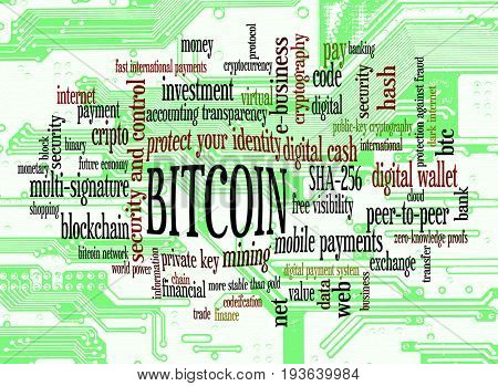 Bitcoin word cloud over circuit board macro 