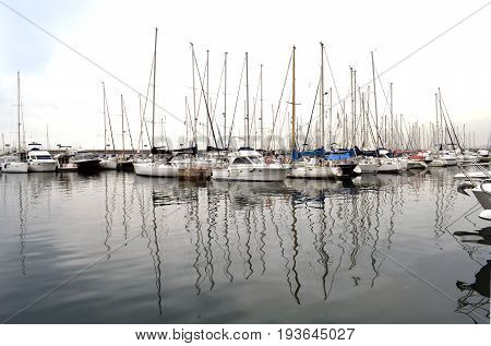 Ships tied in Badalona Barcelona's port Spain
