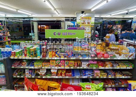 SEOUL, SOUTH KOREA - CIRCA MAY, 2017: goods on display at a CU convenience store. CU is a convenience store franchise chain in South Korea.