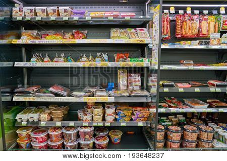 SEOUL, SOUTH KOREA - CIRCA MAY, 2017: goods on display at a CU convenience store. CU is a convenience store franchise chain in South Korea.