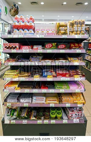 SEOUL, SOUTH KOREA - CIRCA MAY, 2017: goods on display at a CU convenience store. CU is a convenience store franchise chain in South Korea.