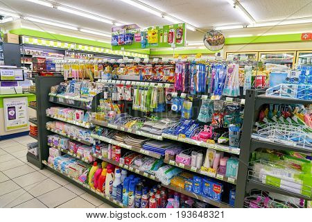 SEOUL, SOUTH KOREA - CIRCA MAY, 2017: inside a CU convenience store. CU is a convenience store franchise chain in South Korea.