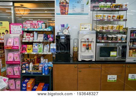 SEOUL, SOUTH KOREA - CIRCA MAY, 2017: inside a CU convenience store. CU is a convenience store franchise chain in South Korea.