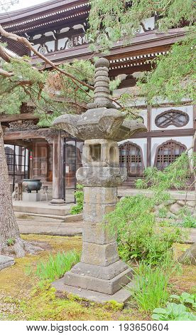 DAISEN JAPAN - MAY 26 2017: Traditional stone lantern (toro) near the main hall of Naganobeyama Daisen Temple in Daisen Akita Prefecture Japan