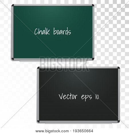 Green and black empty chalk board in metal frame. School attribute. Horizontal view. Isolated on white background. Element for your presentation. Vector illustration.