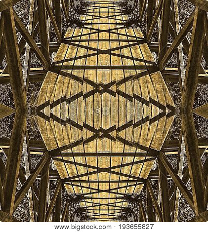 Reflections in a wooden bridge. Abstract composition of the lights and shadows in a wooden bridge in the beach.