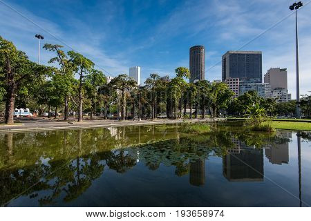 View of Rio de Janeiro Downtown Buildings Reflected in Water Pond